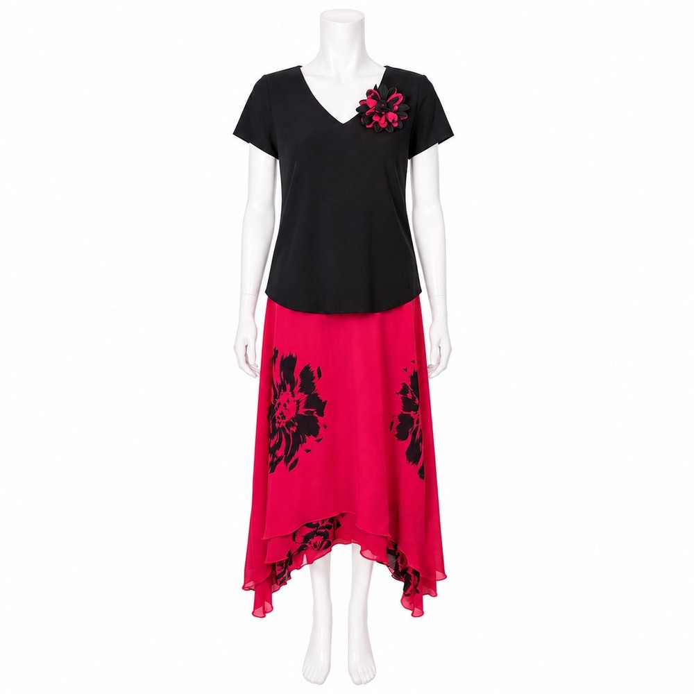 Donna Ricco 2 PC Skirt Set Women 10 Black Red Floral Handkerchief Hem V-Neck Top